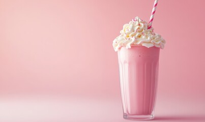 Soft pink milkshake topped with whipped cream and a straw placed on a clean pastel background, bright light and vibrant tones enhancing the sweet treat,