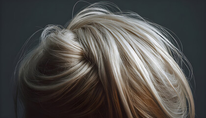 Naklejka premium Blonde synthetic hairpiece for women against a dark backdrop