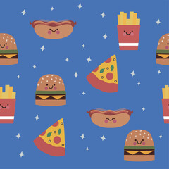 Seamles carton pattern with fastfood on blue background. 