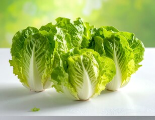 Crisp, vibrant lettuce heads arranged on a white surface with a soft-focus green background