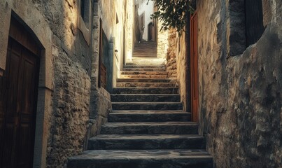 Obraz premium Staircase leading down a narrow ancient alley, soft light casting shadows on the worn stone walls, moody atmosphere with rich textures, old-world charm,
