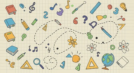 Doodle art of school supplies and learning symbols
