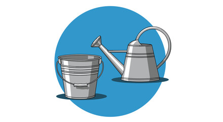 Obraz premium A shiny metal bucket and a classic watering can with a sprayer spout sit side-by-side against a vibrant blue circular background, ready for gardening tasks.