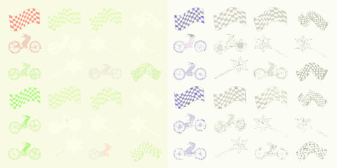 Whimsical pattern of racing flags motorcycles and stars in pastel colors