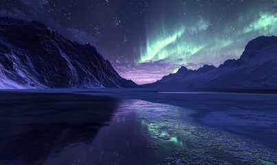 Fototapeta premium Stunning aurora borealis illuminating the night sky above a frozen lake, vibrant green and purple lights reflecting on the water