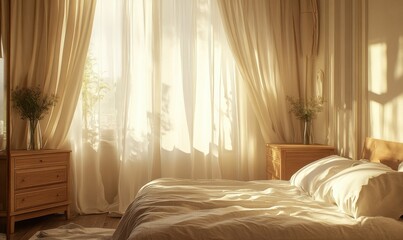 Stylish bedroom interior with a soft beige palette, sunlight filtering through sheer curtains, and wooden furniture