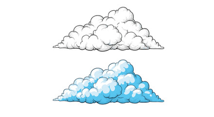 Fototapeta premium Hand-drawn cumulus cloud illustration in black and white stipple art and a colored version with blue and white tones, isolated on white.