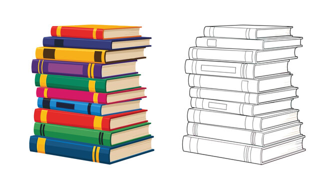 A colorful stack of educational books stands beside a corresponding black-and-white outline drawing on a white background, symbolizing learning and imagination.