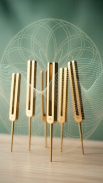 Stylized tuning fork illustration with golden metallic finish and wave-like motion, abstract background with teal cylinder and soft shapes, concept of energy healing, frequency, and sound alignment