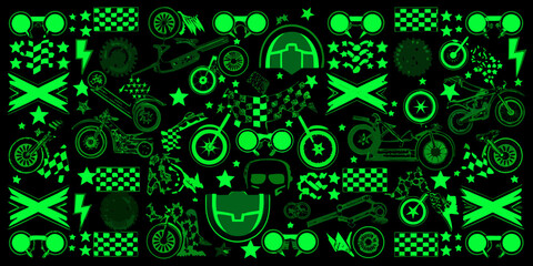 Obraz premium Neon green motorbikes and racing elements on a black background