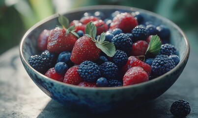 Variety of fresh berries arranged in a ceramic bowl, vibrant red and blue hues, soft daylight highlighting textures, healthy and organic food theme, close-up detail,