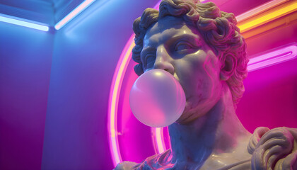 Naklejka premium Marble statue with playful expression blows bubblegum in vibrant neon setting during the modern art exhibit