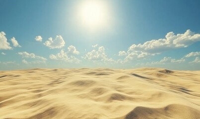 Naklejka premium Vast desert landscape with golden sand dunes under a bright afternoon sun, soft shadows enhancing depth, warm earthy tones dominating the scene, peaceful and remote atmosphere,