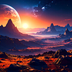 Dramatic alien planet landscape with sunset mountains and celestial bodies