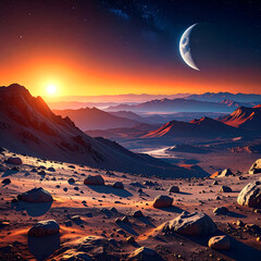 Dramatic sunset over a mountainous landscape with a crescent moon in a starry sky