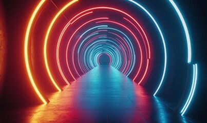 Vibrant abstract neon light trails forming dynamic swirling patterns, high-contrast futuristic design, soft glowing effect creating depth, clean modern style, wide view,