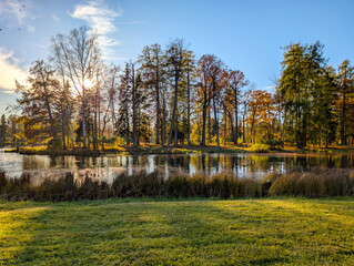 Beautiful autumn landscape of a lake with an island