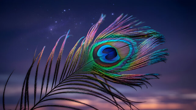 Vibrantly iridescent peacock feather close-up with mesmerizing eye detail and soft bokeh background - Powered by Adobe