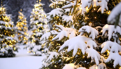 Snow covered christmas trees with glowing lights in winter forest scene