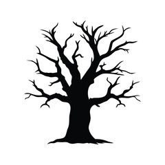 Fototapeta premium Silhouette of bare tree with outstretched branches against a white background, old broken dead tree silhouette vector illustration