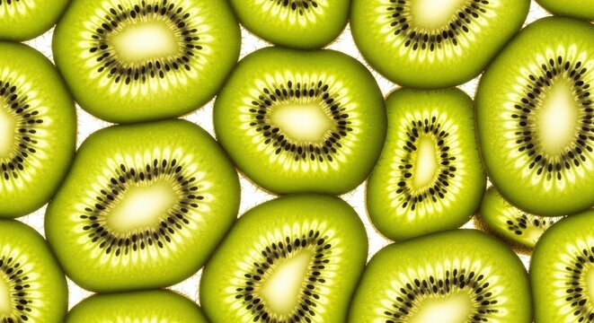 Vibrant green kiwi slices pattern with detailed seed and texture close-up