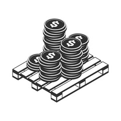 Wooden pallet loaded with stacks of coins, illustrating wealth, savings, or investment assets stored in a container or warehouse context.