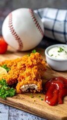 Crispy, golden-brown tenders next to a baseball and condiments