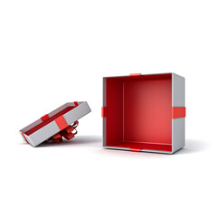Blank white gift box mockup exhibition booth stand open or opened present box with red ribbon bow isolated on white background with shadow minimal creative idea conceptual 3D rendering