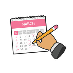 Hand with pencil mark calendar. Week started on Sunday. Important event. Flat style concept for web banners, web sites, printed materials, infographics.
