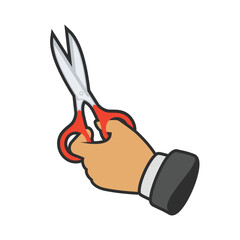 A hand holding scissors, depicted in a vector icon style. Represents cutting, trimming, design work, or editing in a minimalistic graphic form.
