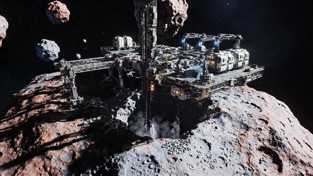 Futuristic space station operates on asteroid with advanced mining equipment. Stunning outer space setting with asteroids surrounding. Concept of aerospace, technology, space exploration