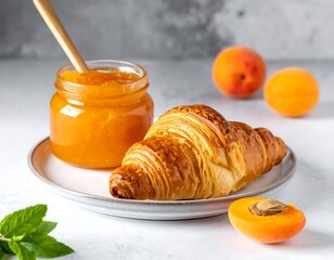 Croissant, jam jar, apricots, and mint on a plate