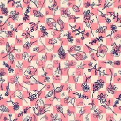 Botanical elements on retro check background as seamless repeat pattern. Random placed, vector flowers with leaves, herbs, plants on pink chest board aop, all over surface print.