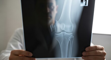 Radiologist holding knee X-ray image, professional medical examination, International Radiology Day, November 8