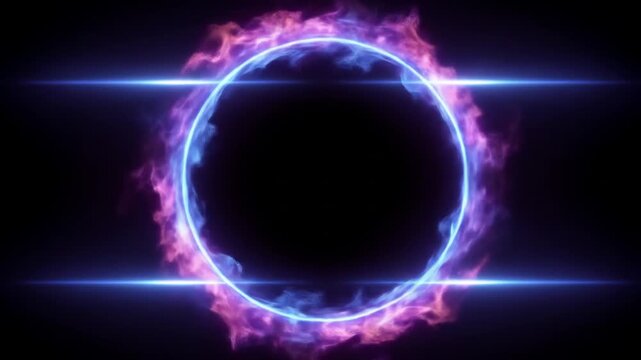 Abstract glowing neon energy portal frame with blue and purple flame effect on a dark background, futuristic technology concept