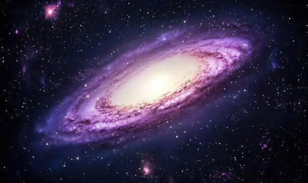 Vibrant digital art of colorful galaxies swirling in outer space, deep purple and blue tones with bright stars creating a cosmic design,