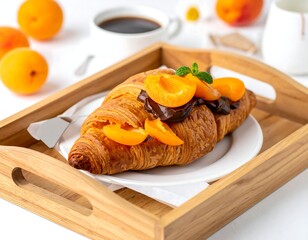 Croissant with apricots and chocolate on a wooden tray