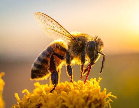 Close-up view of a bee collecting nectar from a yellow flower during sunset