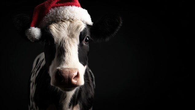 cow wearing a santa hat, isolated on a dark background