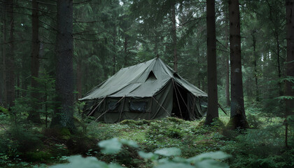 Army tent in the forest.