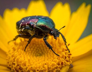 Close-up view of a beetle with iridescent shell perched on a yellow flower