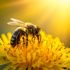 Close-up view of a bee pollinating a bright yellow flower, bathed in sunlight