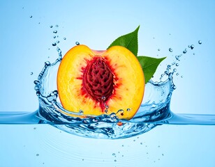 Cross-section of a peach with green leaves amidst a water splash