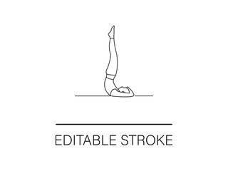 Minimalist line art showing a woman in the shoulder stand yoga pose, editable stroke for design flexibility, and health concepts.