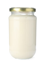 Jar with tasty sauce isolated on white