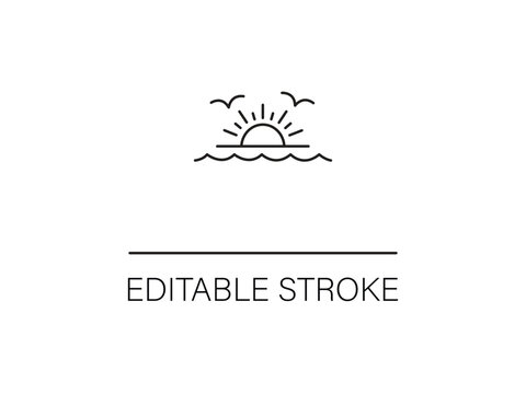 Minimalist ocean sunrise drawing with birds for a serene coastal vibe illustration with editable stroke for custom designs and layouts.