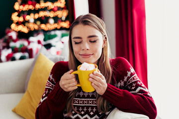 A cozy Christmas moment as a young woman in a red sweater enjoys hot cocoa at home by a twinkling tree with festive lights and decorations creating warm holiday magic