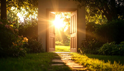 Open doorway to a bright garden with sunlight and lush greenery
