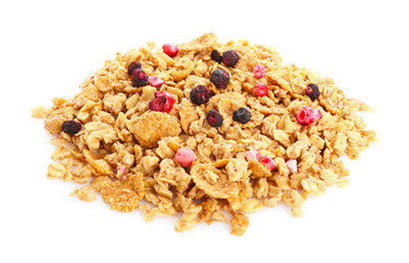 Pile of tasty granola with dried berries isolated on white