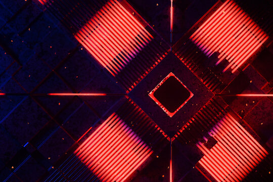 Technological quantum computer AI processor with blue and red light, creative idea. Artificial intelligence, concept. Technology and silicon circuit boards. Motherboard, graphics card, top view